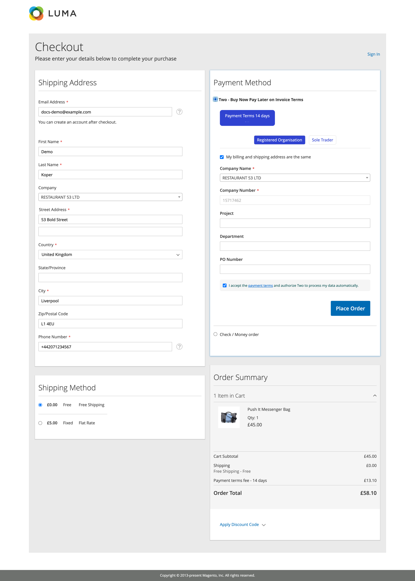Checkout with the Two payment method selected