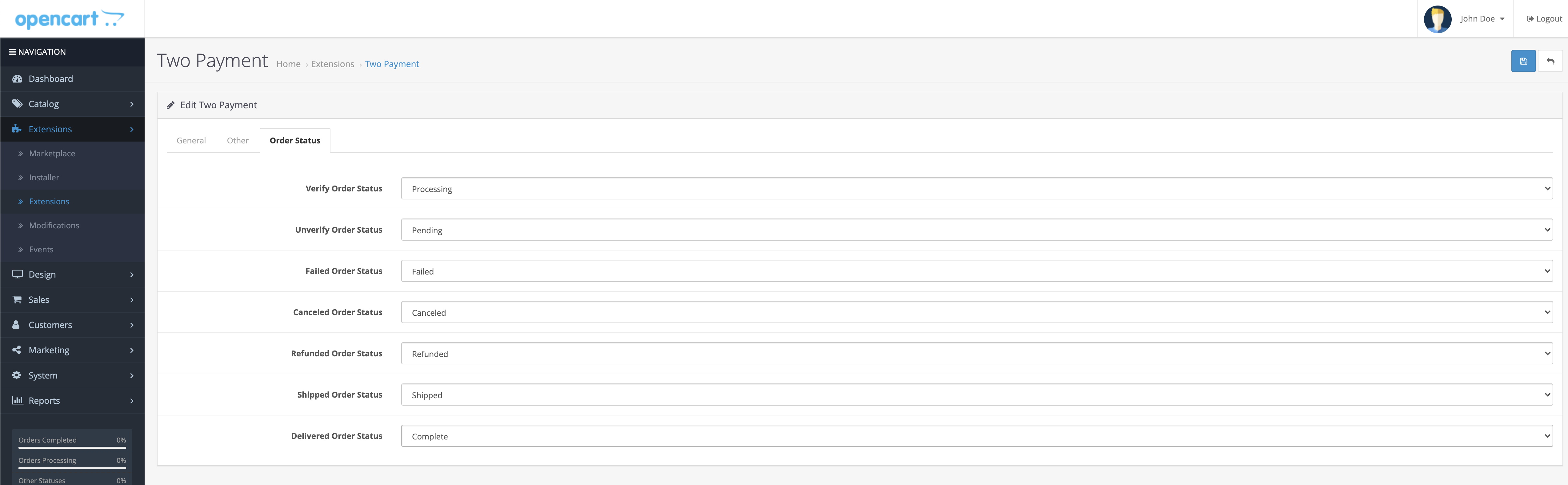 Order status configuration