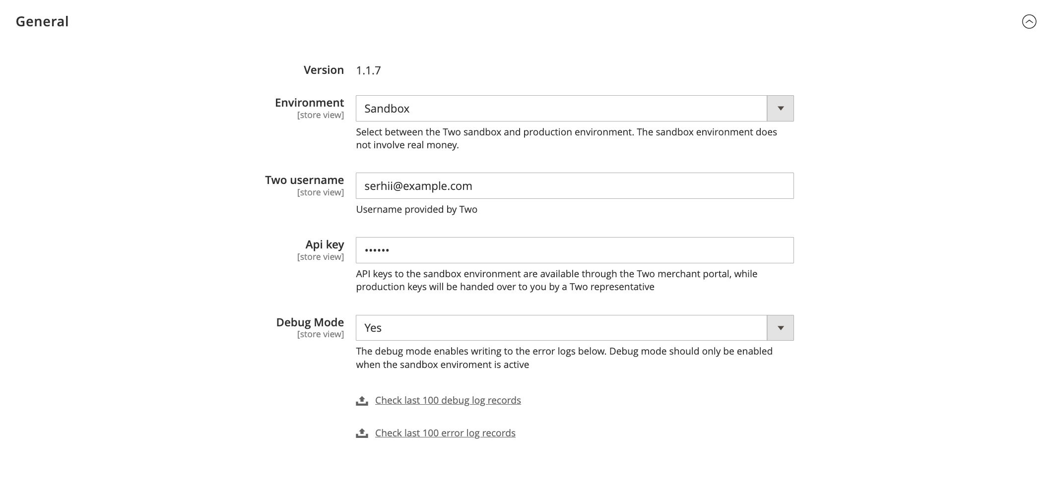 Screenshot of Magento backend showing Two configuration General tab