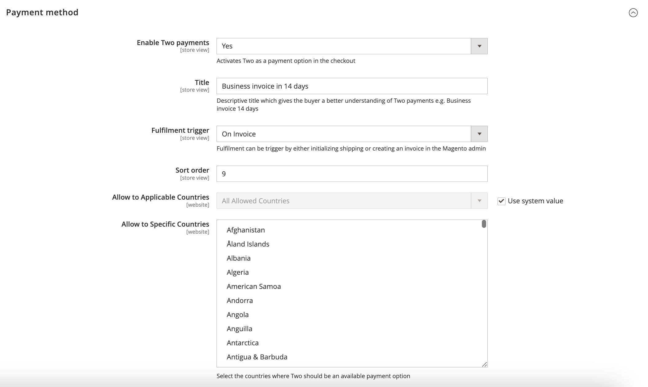 Screenshot of Magento backend showing Two configuration Payment tab