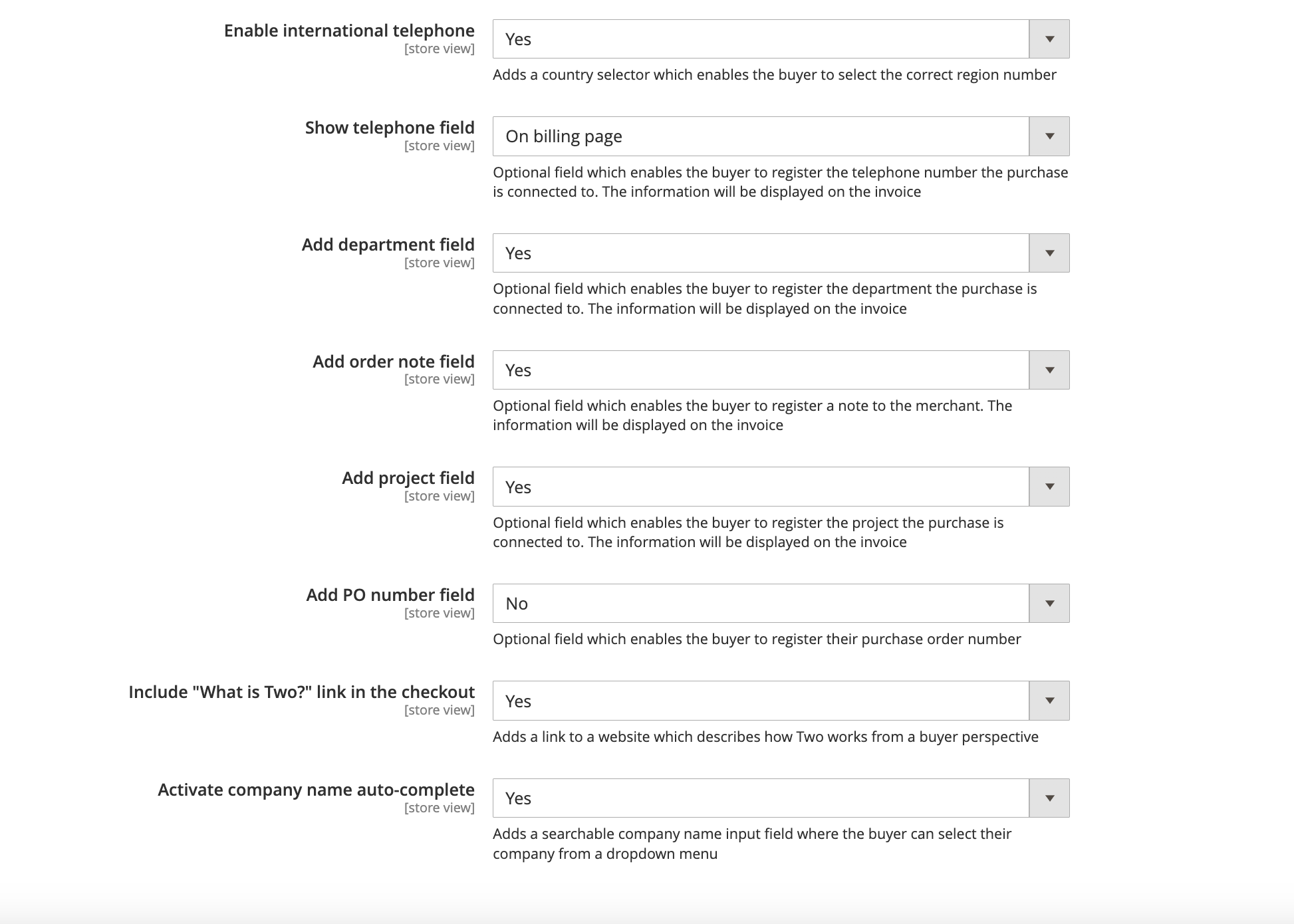 Screenshot of Magento backend showing Two configuration Payment tab