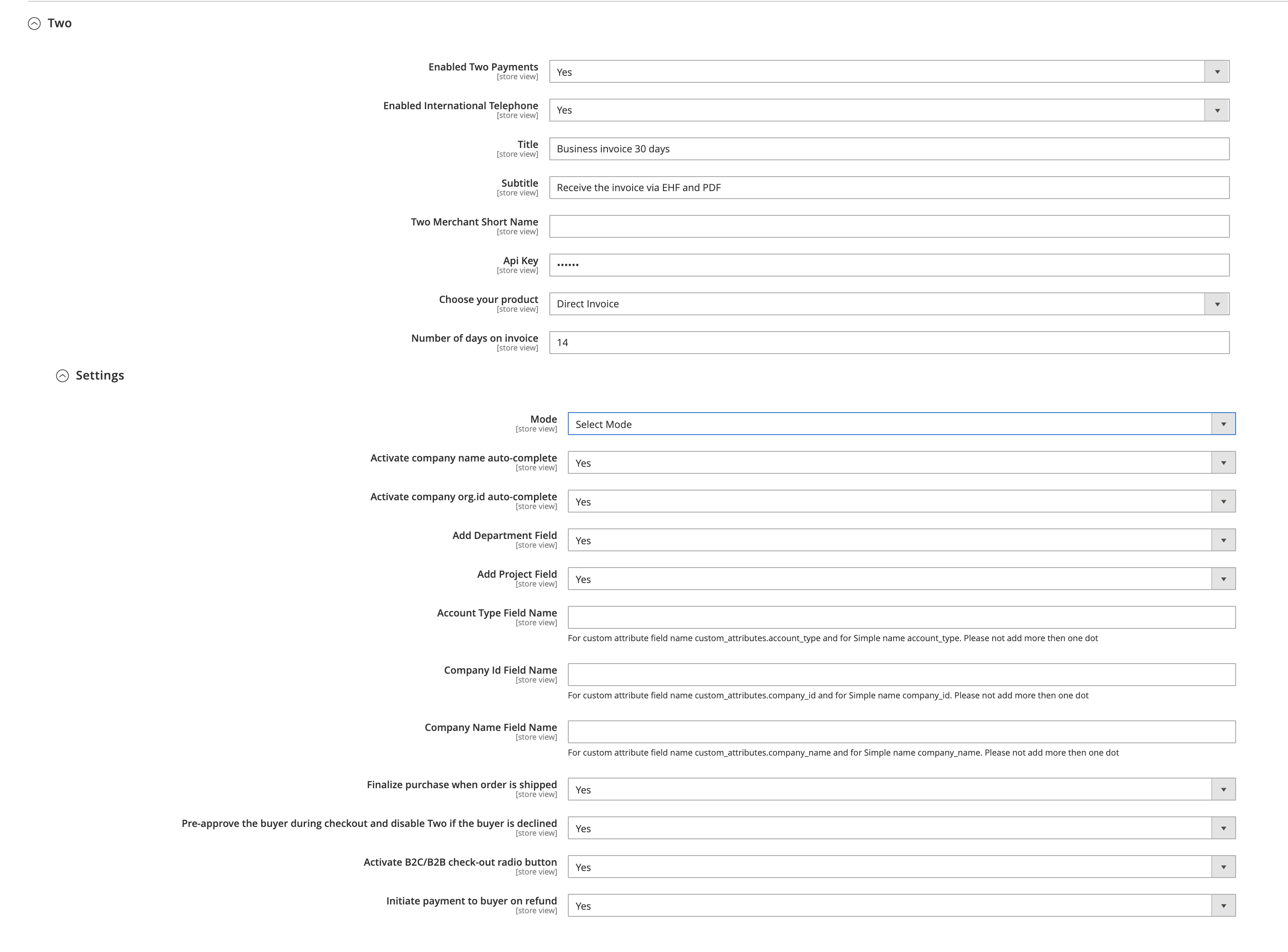 Screenshot of Magento backend showing Two configuration
