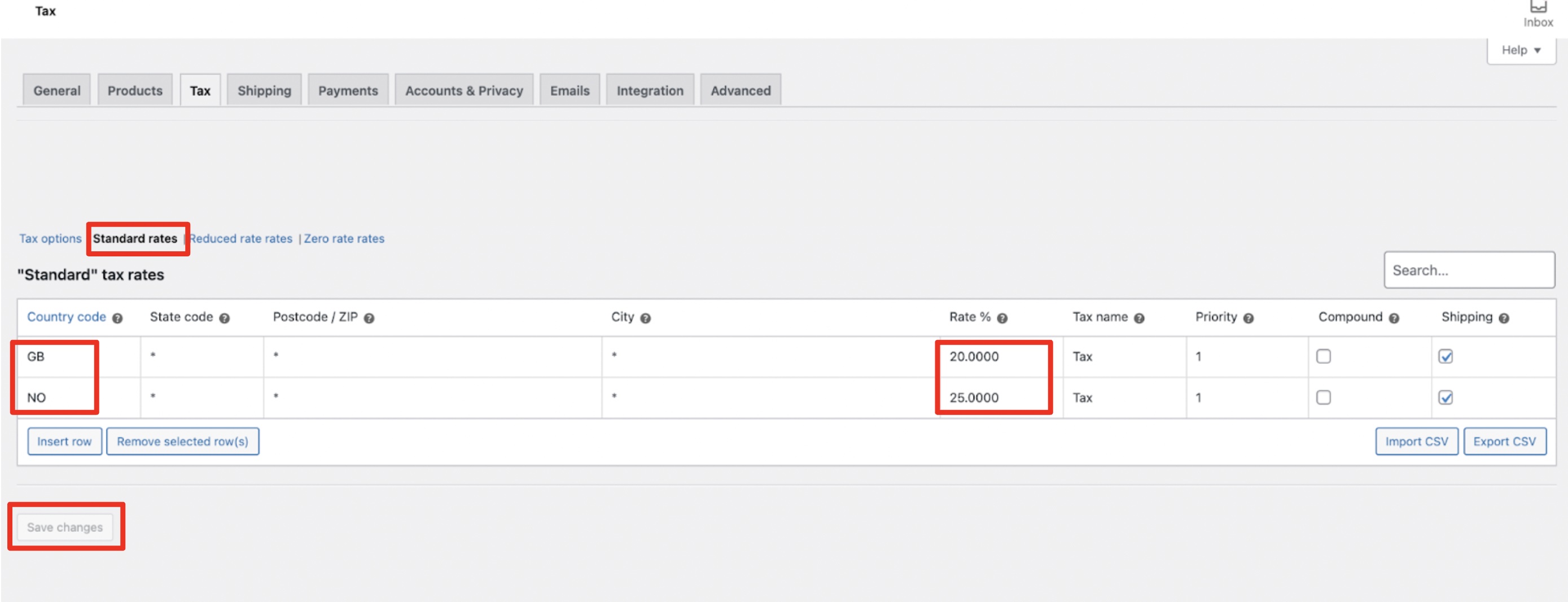 Screenshot showing first part of configuring taxes