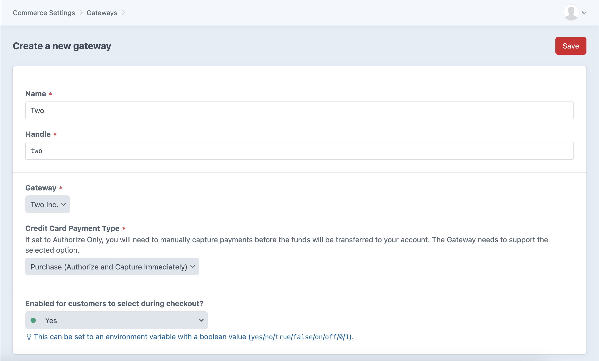 settings page for the gateway config