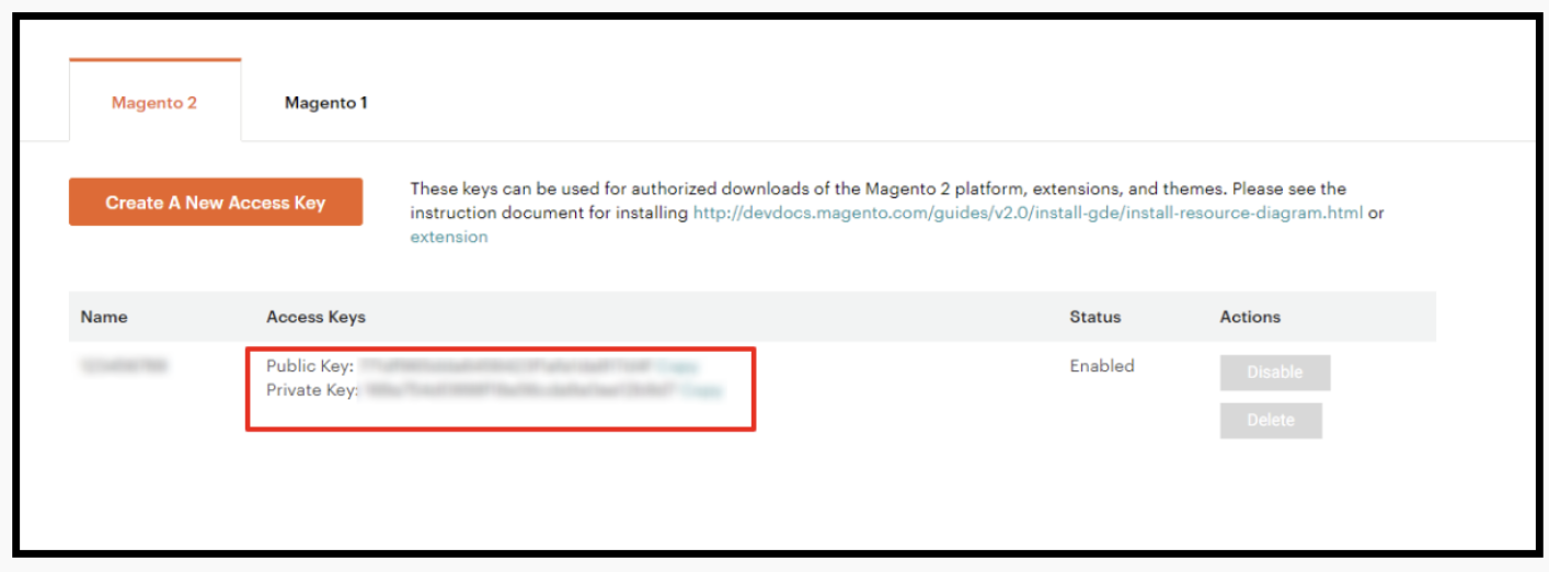 Screenshot of Magento backend showing Magento 2 access keys