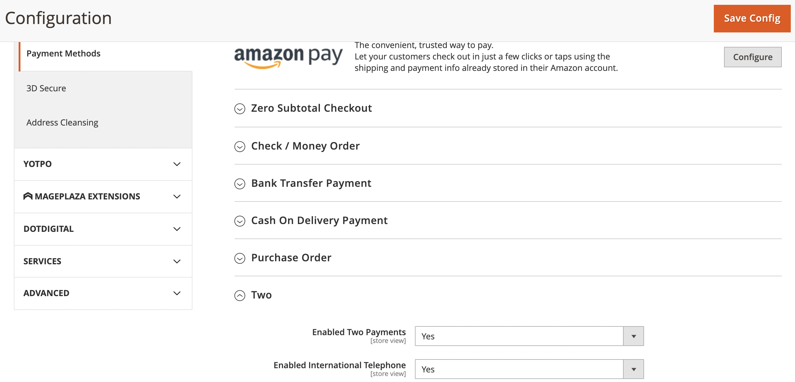 Screenshot of Magento backend showing Two plugin